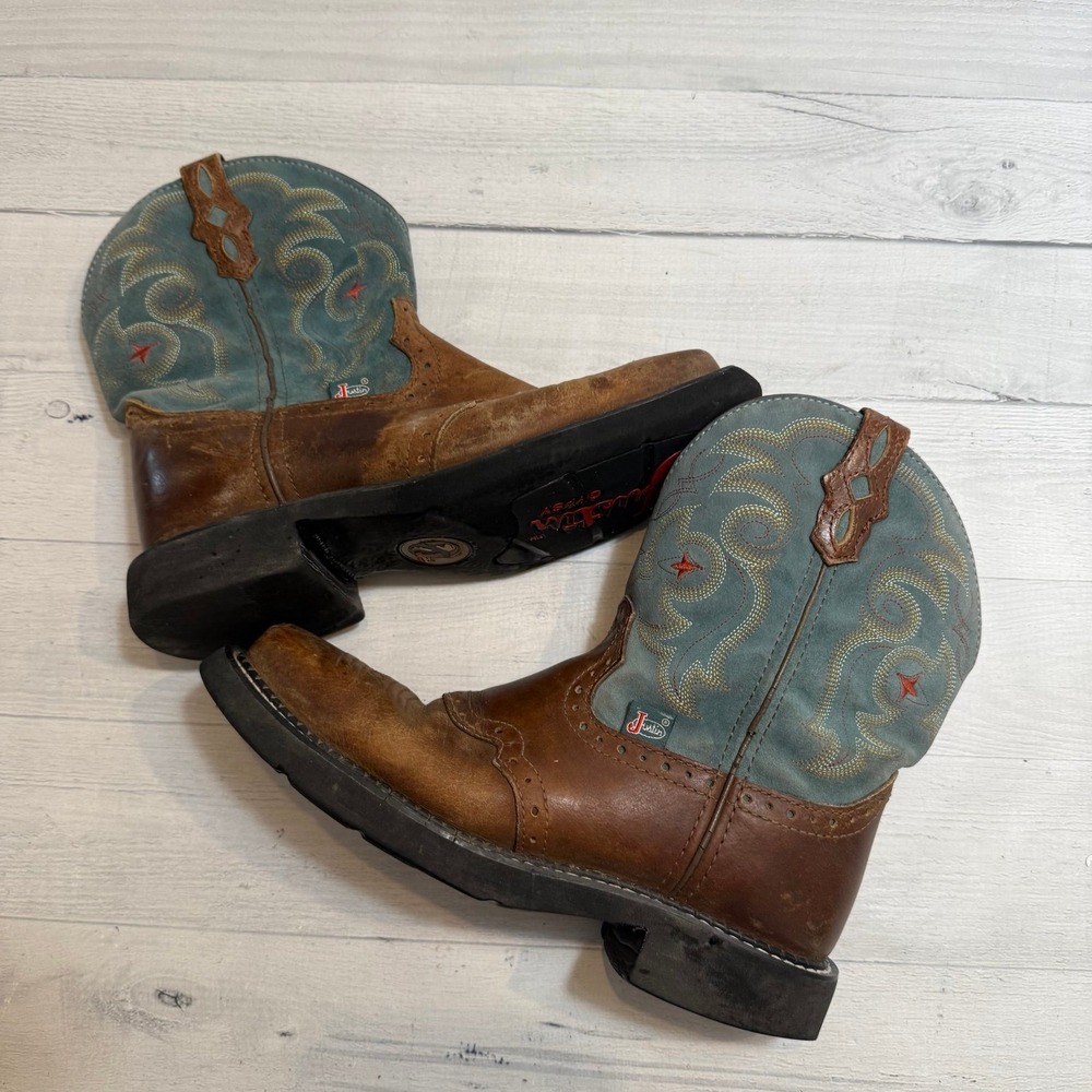 Justin Gypsy Western Leather Cowboy Boots Womens  Brown Blue L9966 Womens 6.5‎
